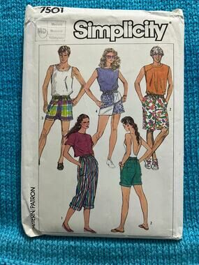 Simplicity 7501 Sewing pattern unisex shorts pants 1980s size medium